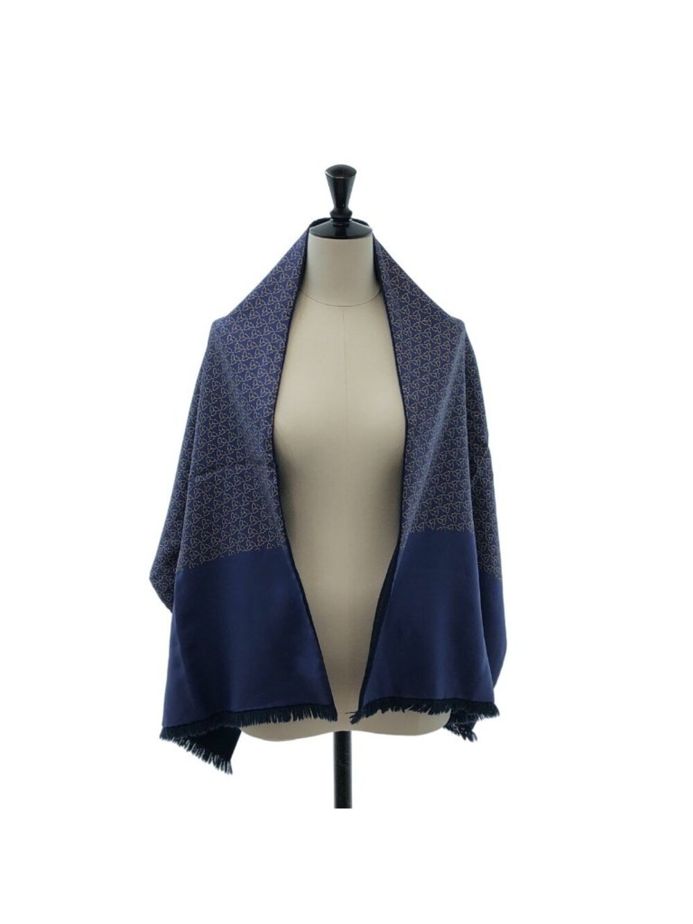 Hermes Silk Angora Reversible Geometric Fringe Scarf Navy Blue